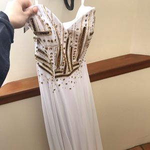 White prom dress w/ sequined gold bust